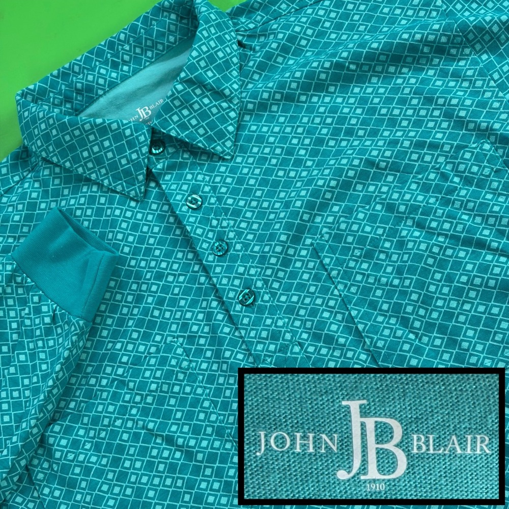 John Blair Geometric AOP Polo Mens M Teal Long Sleeve Banded Hem Cotton Shirt